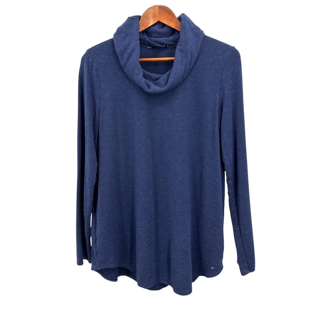 Tommy Hilfiger Cowl Neck Top Long Sleeve Stretch Pullover Navy Blue Size Medium
